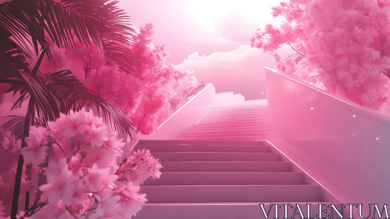 Pink futuristic staircase among soft glowing trees.