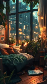 Interior bedroom corner overlooks illuminated urban windows