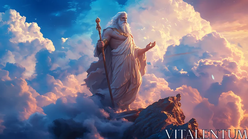 Elderly robed figure with staff stands on rocky peak in clouds