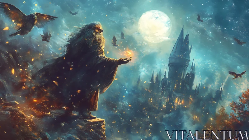 Fantasy digital painting of a wizard above a moonlit castle.