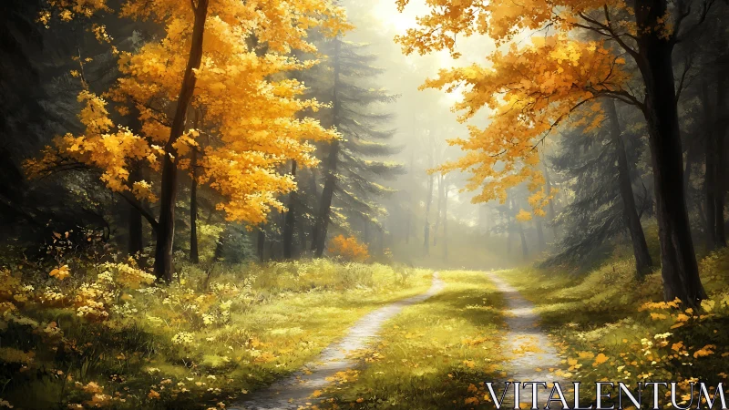 Autumn Forest Road with Golden Foliage.