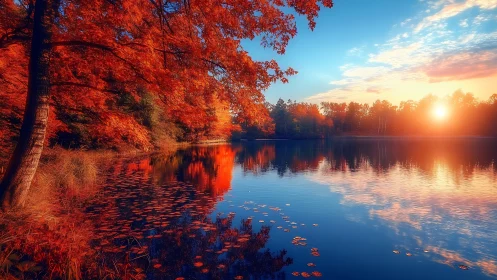 Autumn lakeside panorama with fiery foliage at golden sunset.
