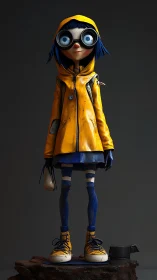 Stylized blue haired girl in yellow raincoat on dark base.