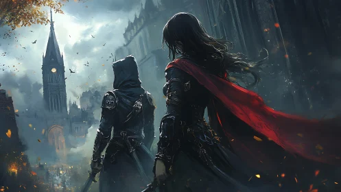 Cloaked figures in gothic cityscape under overcast sky.