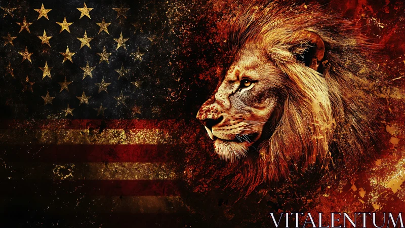 Lion profile merged with distressed United States flag.