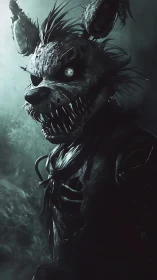 Monstrous animatronic wolf emerges from eerie green fog.