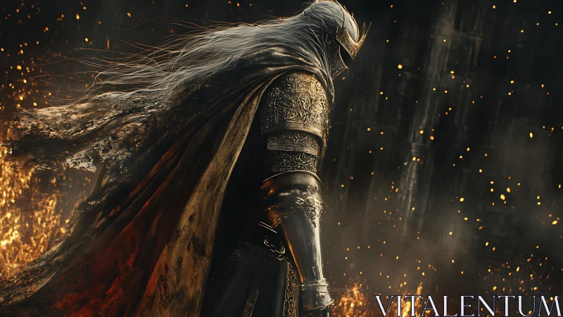 Armored knight strides through embers in burning dark citadel.