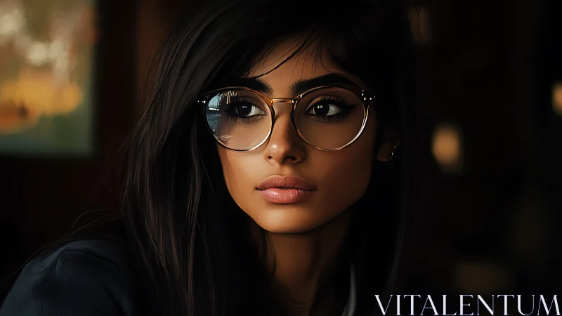 Warm evening portrait of a thoughtful woman in glasses.