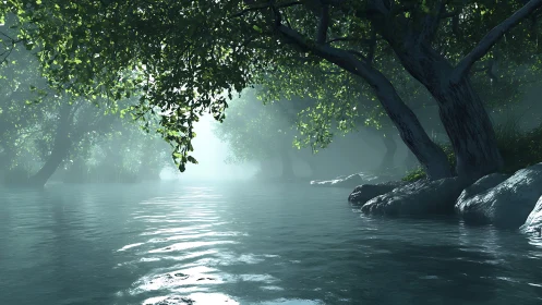 Mist-Shrouded Riverine Ecosystem with Ancient Deciduous Canopy.