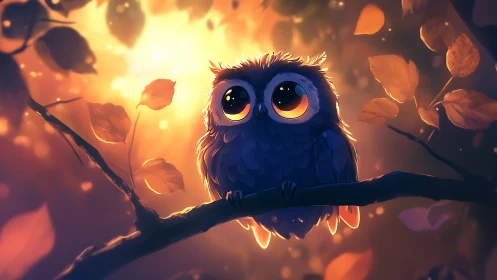 Cute big-eyed owl on autumn branch, glowing fantasy style illustration.