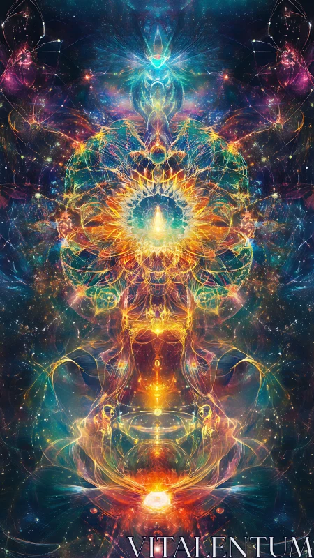 Symmetrical cosmic energy mandala in vivid neon hues.