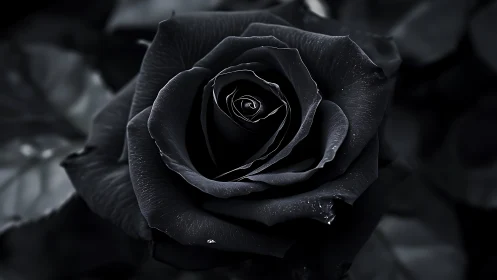Monochrome macro study isolates a dewy black rose bloom precisely