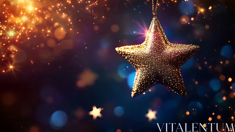 Glittering golden star ornament glows in festive night bokeh
