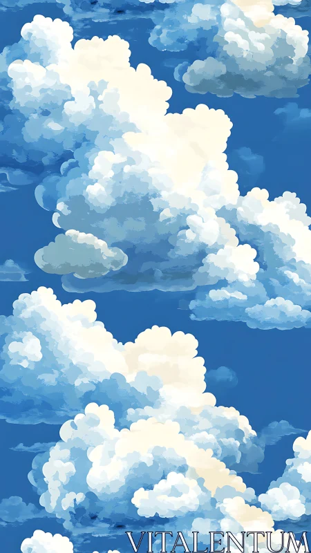 Billowing cumulus cloudscape in stylized azure sky panorama.