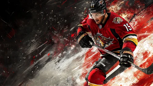 Dynamic hockey player charging through bold red energy.