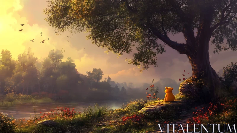 Evening riverbank reverie with contemplative toy bear.