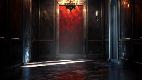 Velvet red corridor aglow with soft, mysterious light.