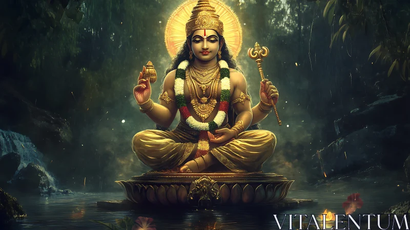 Golden deity seated on lotus pedestal in forest pond.