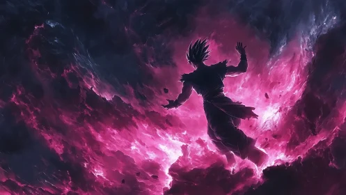 Stormlit warrior rises inside swirling violet cosmic fire