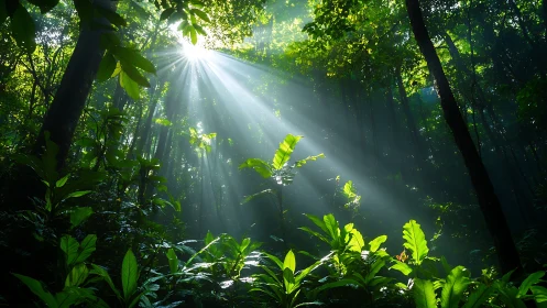 Tropical forest canopy with sunrays piercing dense vegetation