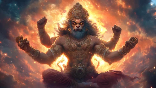Multi-armed lion-headed deity figure in fiery cosmic space.