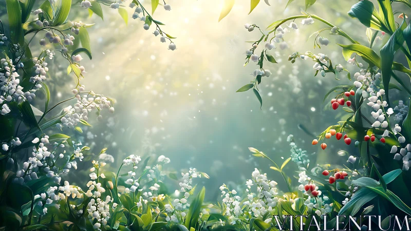 Lily of the Valley Garden with Berries and Soft Light