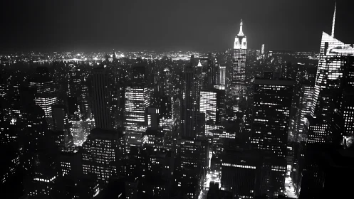 Nocturnal metropolis skyline in stark monochrome glow.