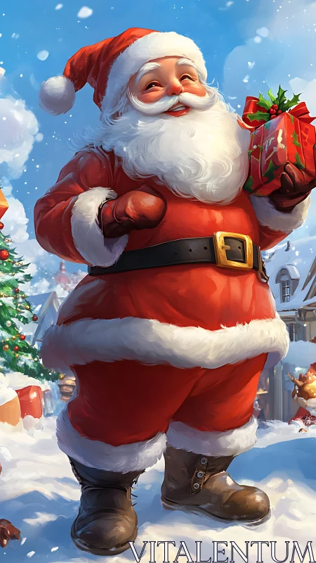 Jolly Santa Claus holding gift in snowy village scene.