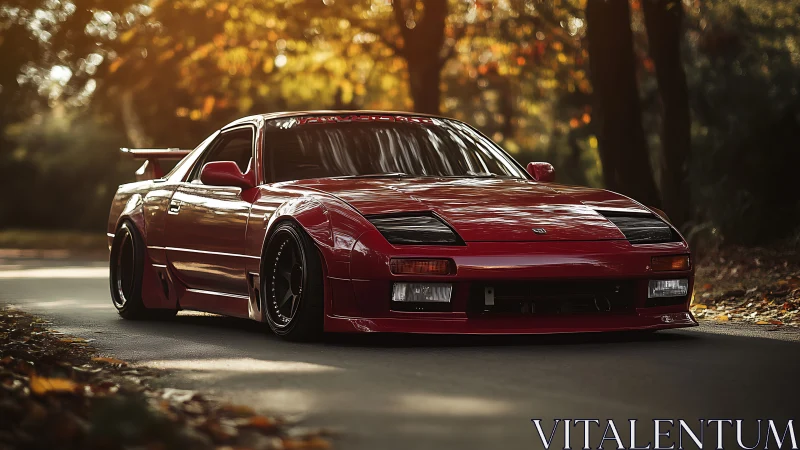 Stanced red 1990s JDM coupe with widebody aero in autumn light