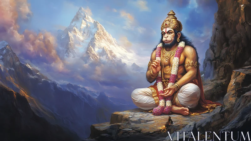 Hanuman figure seated on cliff ledge before snow mountains