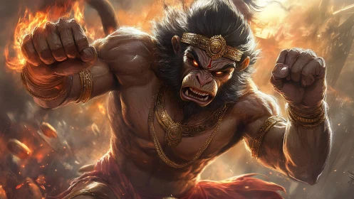Warrior monkey god charges through blazing battlefield fury.