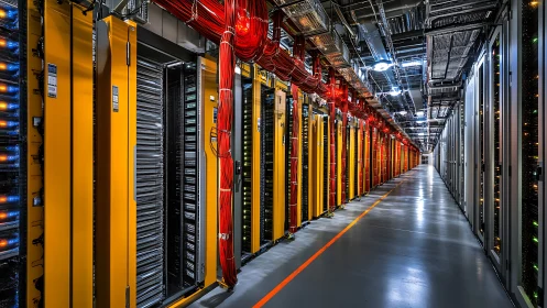 Data center corridor with server racks and cable bundles.