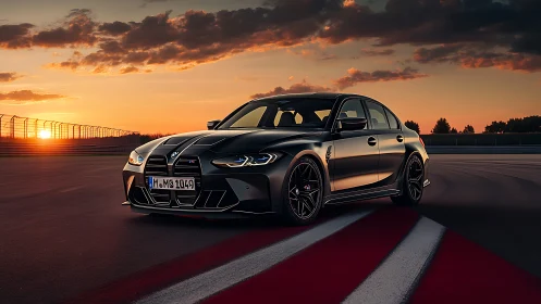 Sleek black sports sedan turns hot-lap at sunset circuit.
