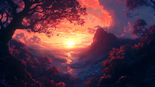 Radiant river valley sunset rendered in luminous digital fantasy