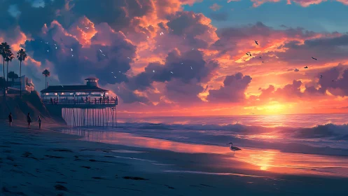 Digital painting of sunset pier shoreline with luminous clouds.