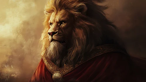 Regal lion portrait in royal cloak and warm light scene.