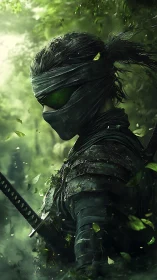 Stealthy forest ninja stands cloaked in emerald shadows.