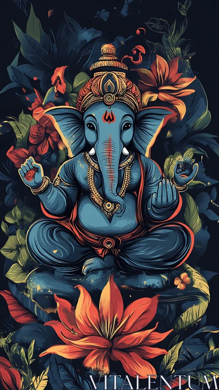 Elephant-headed figure sits amid stylized foliage and flowers