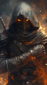 Hooded infernal warrior in ember-lit digital painting composition.