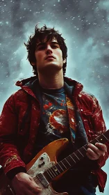 Young guitarist in red jacket under stormy winter sky.