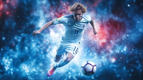 Dynamic soccer player in white kit against cosmic background.