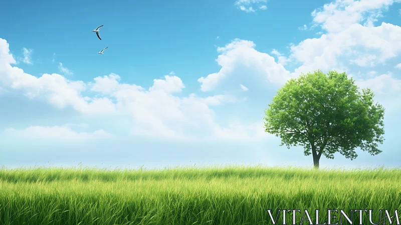Lone tree in a green meadow under blue sky, photorealistic landscape.