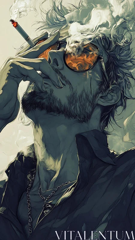 Stylized male smoker in profile with reflective sunglasses