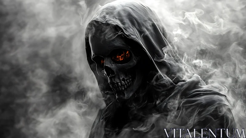 Hooded fiery skull emerges from swirling supernatural smoke.
