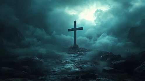 Lone wooden cross over misty path under stormlit sky.