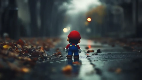 Mario style toy figurine stands on wet autumn street