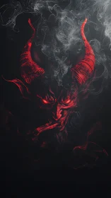 Smoldering horned demon emerging through curling ash smoke.