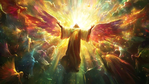 Radiant angel ascends amid swirling prismatic wings