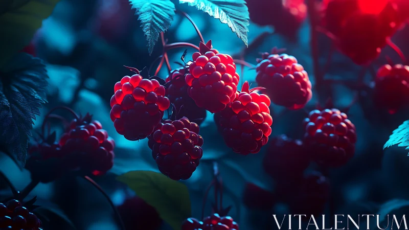 Clustered raspberries hang amid high-contrast colored foliage