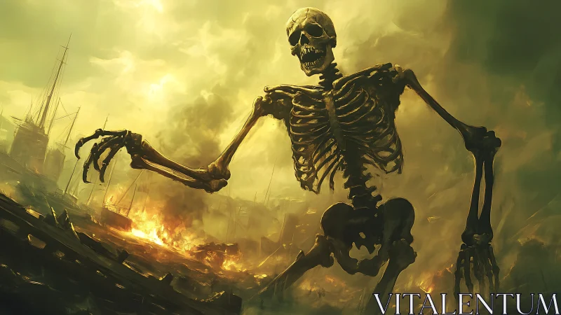 Colossal skeletal giant strides through burning harbor ruins